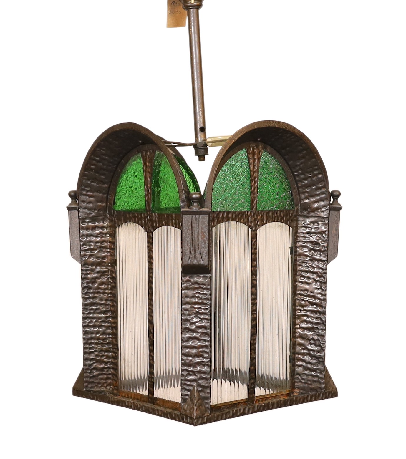 A 1930s Swiss pressed iron, rippled and stained glass hall lantern, height 80cm. width 26cm